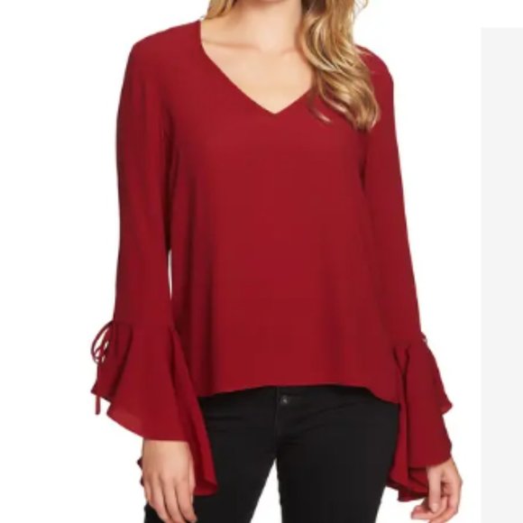 1. State Tops - 1.State Top Currant Red Pull Over Long Cascade Sleeves V Neck Tie Strings Blouse